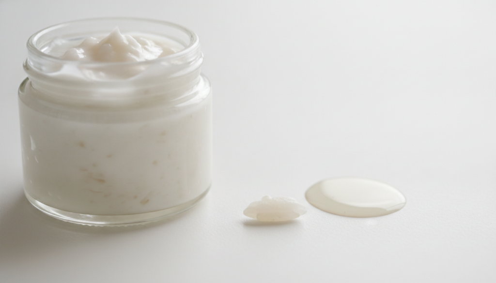 A close-up of a homemade rice and baby oil paste in a small glass jar with a fresh rice grain and a drop of baby oil bes