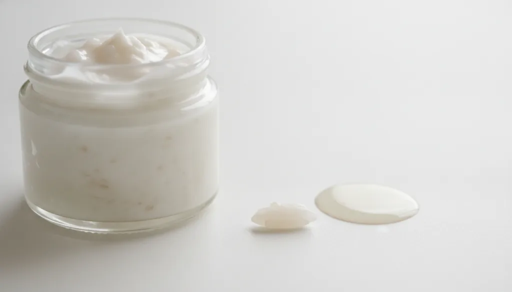A close-up of a homemade rice and baby oil paste in a small glass jar with a fresh rice grain and a drop of baby oil bes