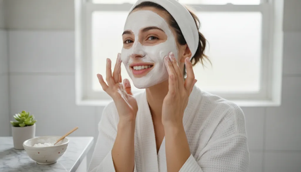 A woman applying a creamy white face mask to her clean skin smiling softly