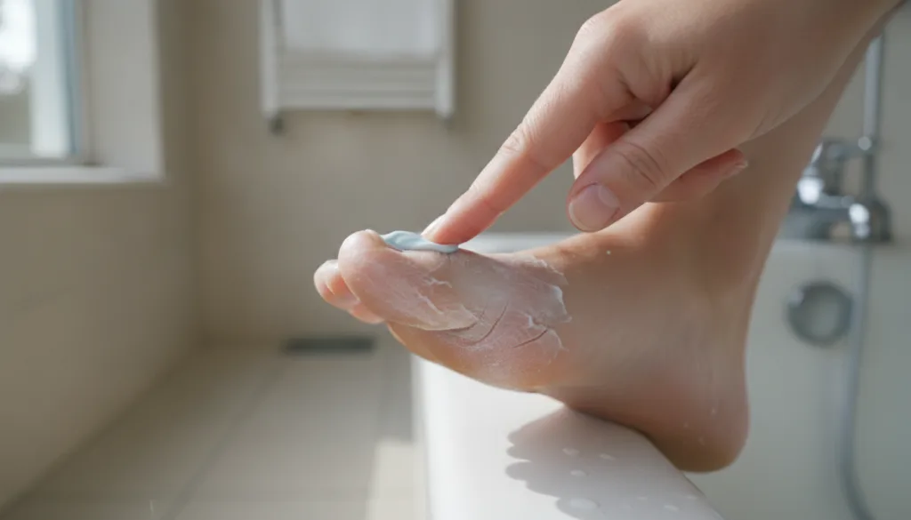A person applying a thin layer of white toothpaste directly onto the dry cracked heel of their foot