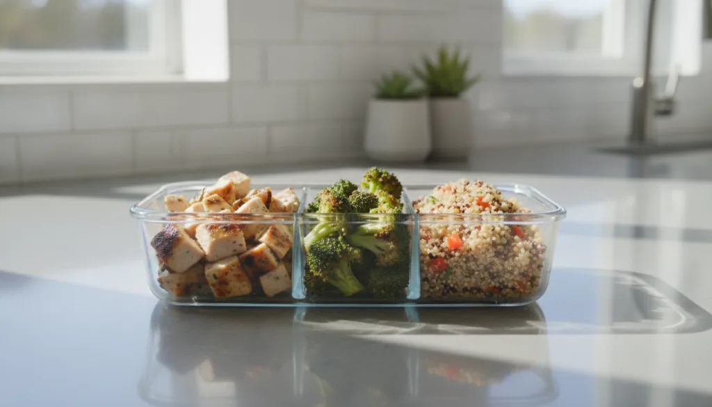 A person enjoying a healthy colorful meal prep container filled with lean protein vegetables and complex carbohydrates i