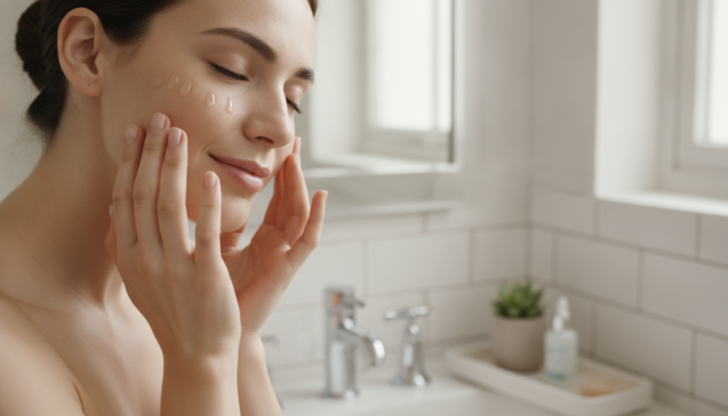 A woman gently massaging a few drops of facial oil onto her cheek with her fingertips her eyes closed in relaxation The 