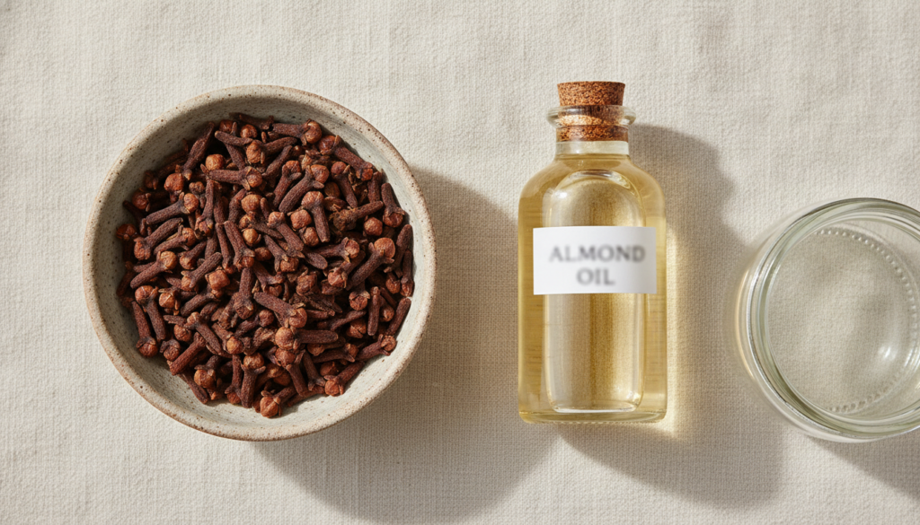 A flat lay of the main ingredients a small bowl of whole cloves a bottle of almond oil and a clean glass jar arranged on