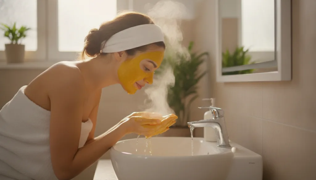 A woman gently rinsing off a yellow turmeric face mask from her face over a sink with steam rising and soft bathroom lig