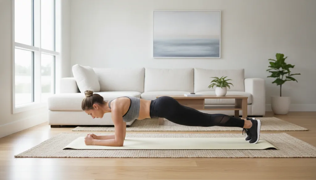 A person doing a plank exercise on a yoga mat in a clean brightly lit living room demonstrating good form with a straigh