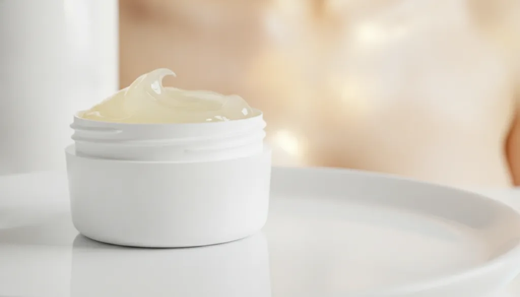 A close-up of a small open tub of Vaseline petroleum jelly on a clean light surface with a blurred background showing so