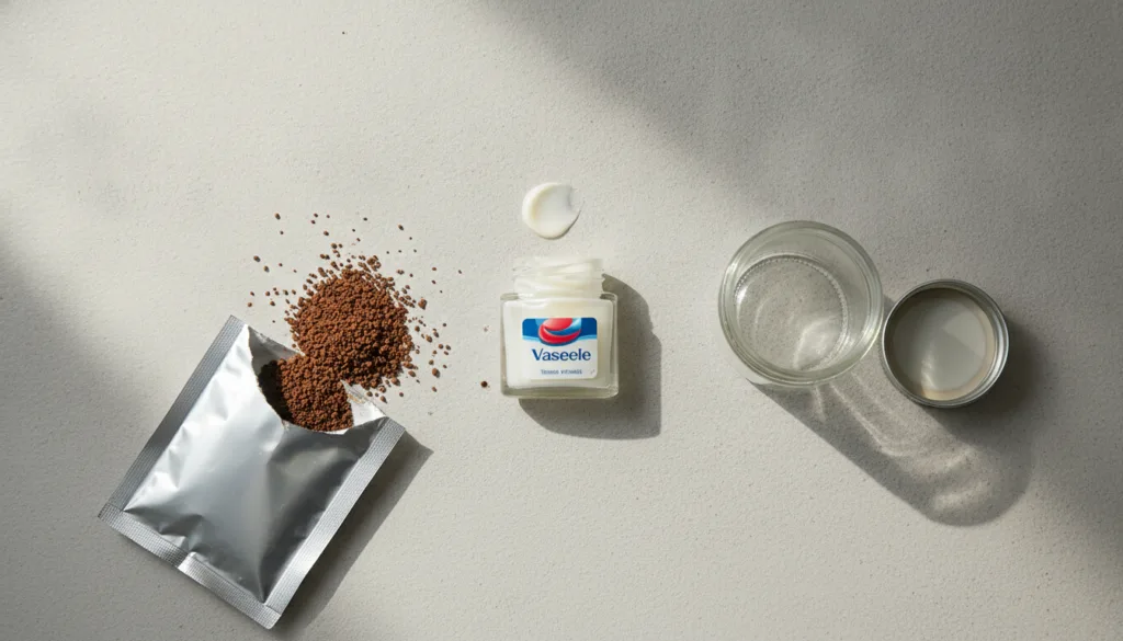 Ingredients for the glow serum a small jar of Vaseline a packet of instant coffee and an empty small container for the f