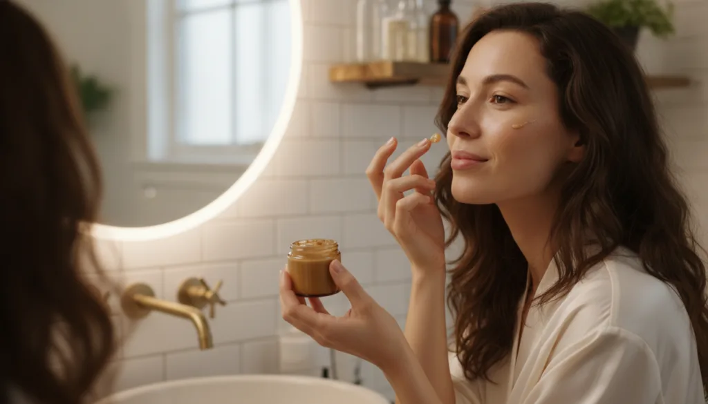 A woman gently applying a thin layer of the Instant Coffee and Vaseline serum to her cheek looking in a mirror Her skin 