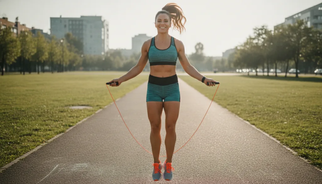 A woman vigorously jumping rope outdoors smiling and showing good form