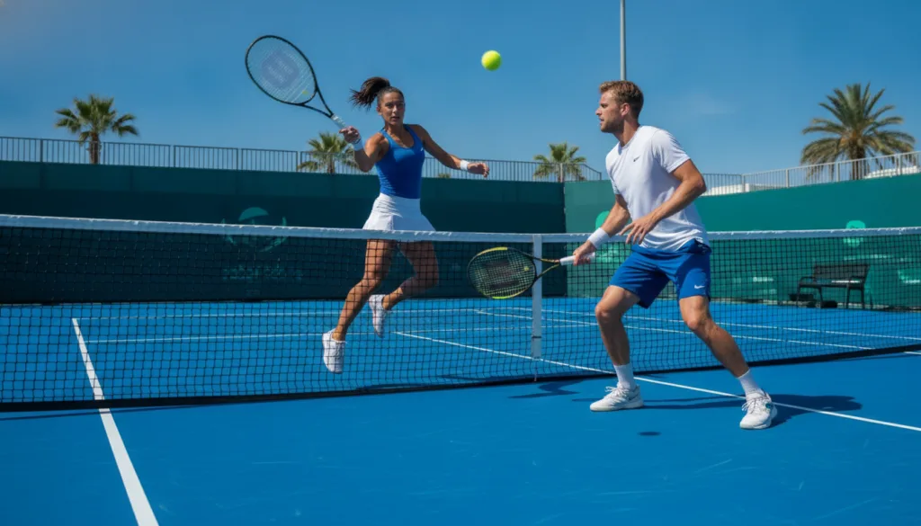 Two people playing an energetic game of tennis on a sunny court