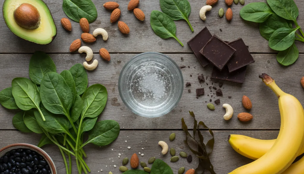 A variety of magnesium-rich foods artfully arranged on a wooden table including dark leafy greens like spinach avocados 