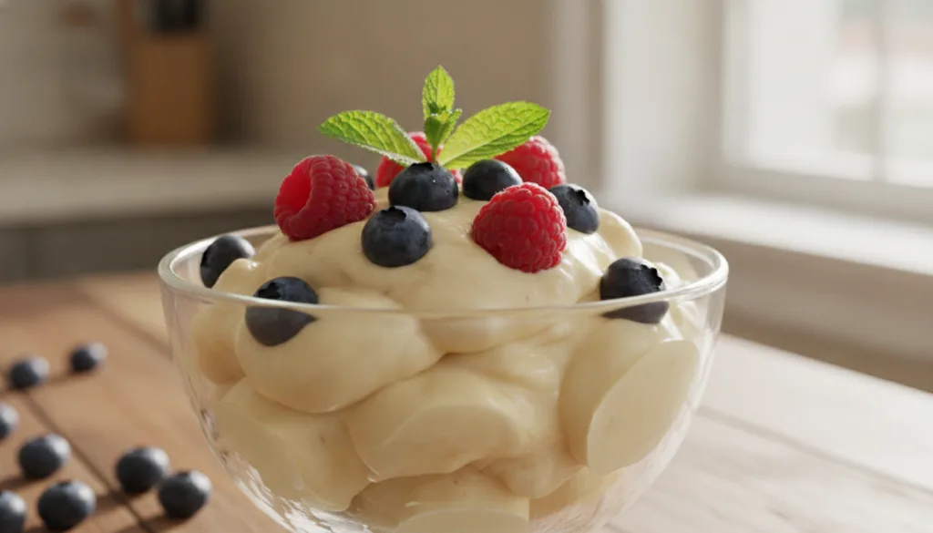 A close-up shot of a healthy homemade banana nice cream in a glass bowl garnished with fresh berries and mint looking re