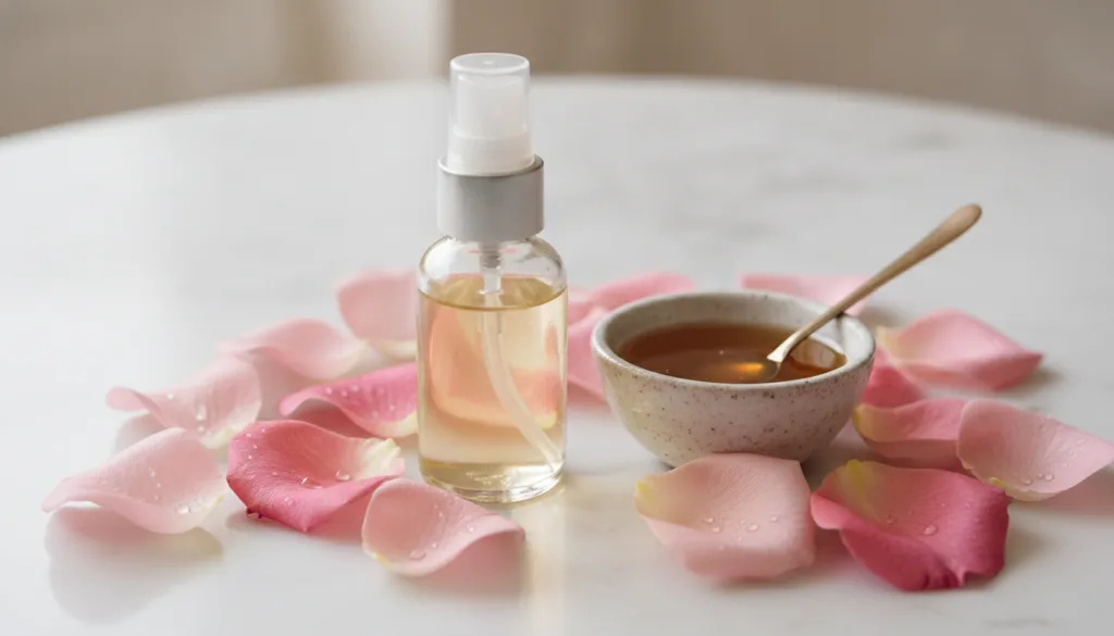 Close-up of a glass spray bottle filled with a golden liquid next to a small bowl of honey and fresh rose petals on a cl