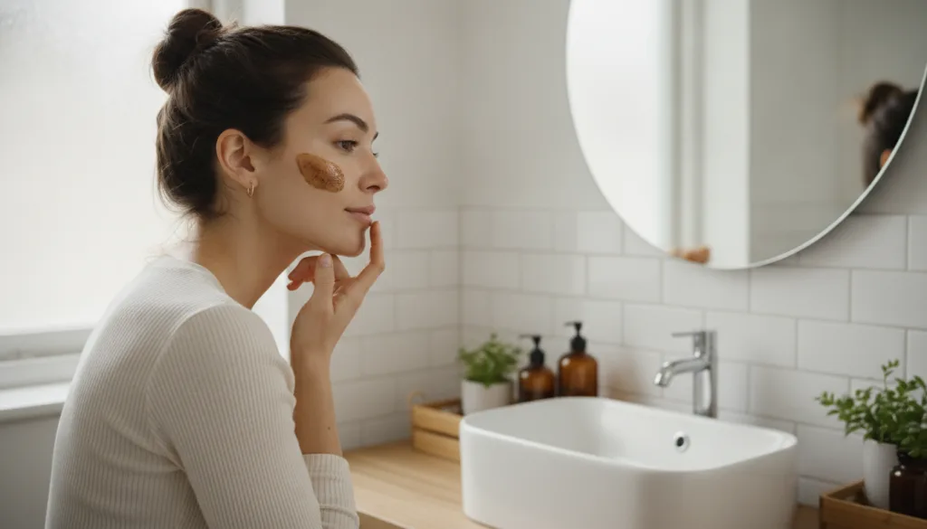 A woman gently applying a small amount of the homemade Vaseline and coffee glow serum to her cheek looking in a mirror w