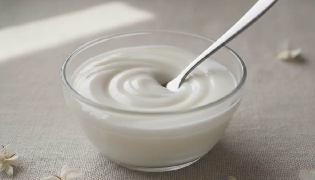 Close-up shot of a small bowl containing the mixed 3-ingredient night gel a smooth creamy white consistency with a spatu