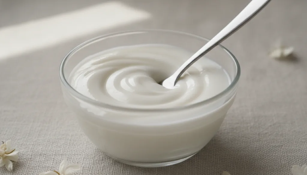 Close-up shot of a small bowl containing the mixed 3-ingredient night gel a smooth creamy white consistency with a spatu