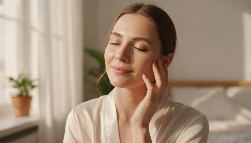 A woman gently touching her smooth glowing face in the morning light with a relaxed happy expression