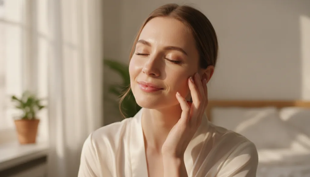 A woman gently touching her smooth glowing face in the morning light with a relaxed happy expression