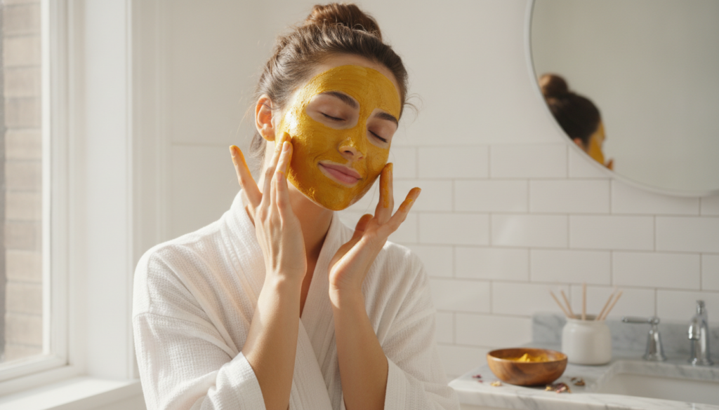 A woman gently applying a golden-yellow face mask to her clean face with soft natural light illuminating her skin Her ey
