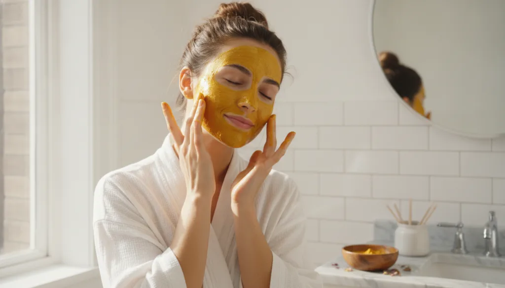 A woman gently applying a golden-yellow face mask to her clean face with soft natural light illuminating her skin Her ey