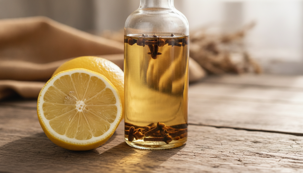 A close-up of a glass bottle containing baby oil and cloves with a sliced lemon next to it on a natural wooden surface