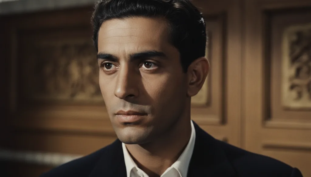 A younger Omar Sharif looking intensely perhaps from a movie still showcasing his striking features