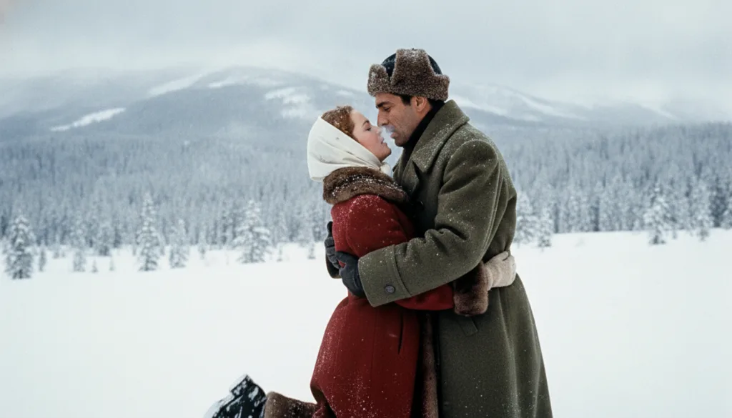 Omar Sharif and Julie Christie as Yuri and Lara in a romantic scene from Doctor Zhivago set against a snowy Russian back