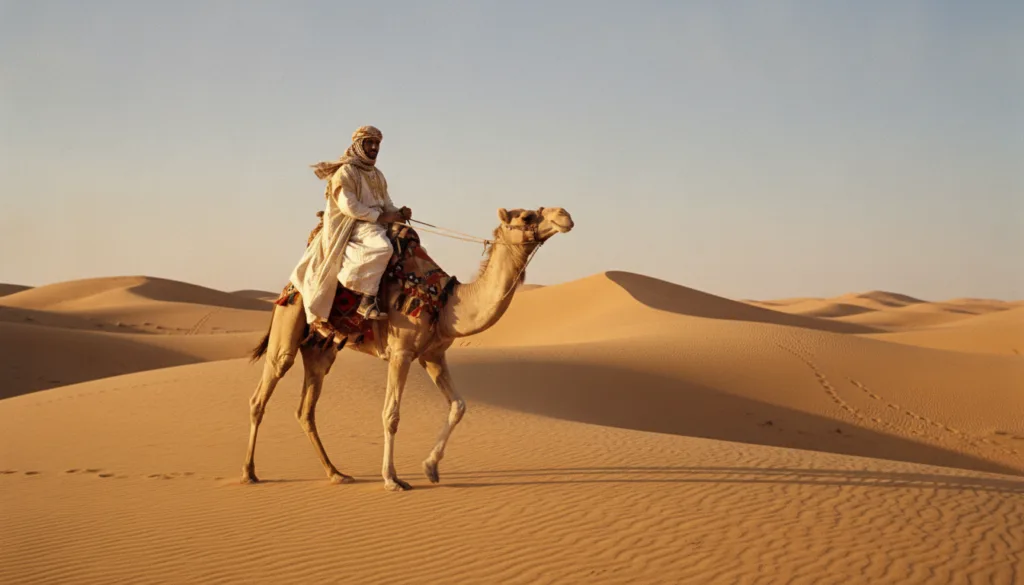 Omar Sharif as Sherif Ali in Lawrence of Arabia riding a camel across a vast desert landscape