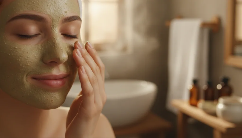A close-up of a person s hand applying a thin layer of a homemade mask to their clean face using fingertips or a cotton 