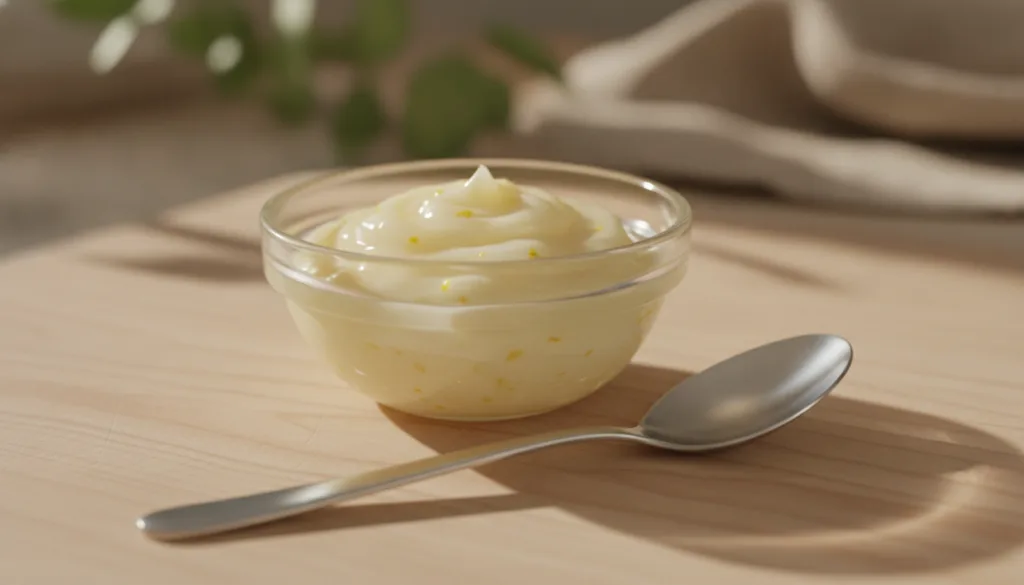 A small glass bowl containing a smooth creamy mixture of Vaseline and lemon with a spoon beside it on a wooden surface