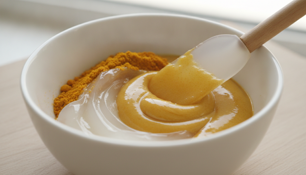Close-up of a small bowl containing Vaseline and turmeric powder being mixed with a spatula