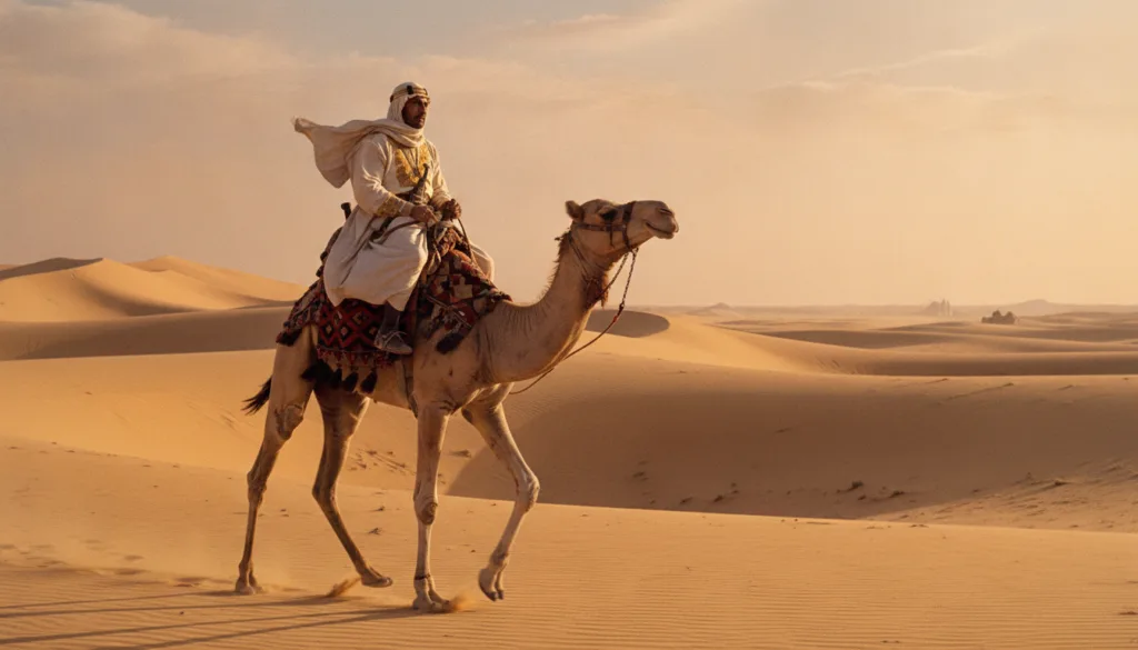 Omar Sharif as Sherif Ali in Lawrence of Arabia wearing traditional Arab attire riding a camel in the desert