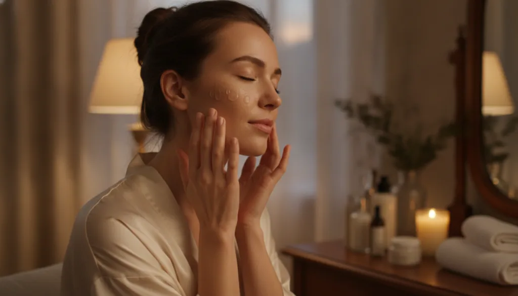 A woman gently applying the translucent collagen night gel to her face during her evening skincare routine Her skin look