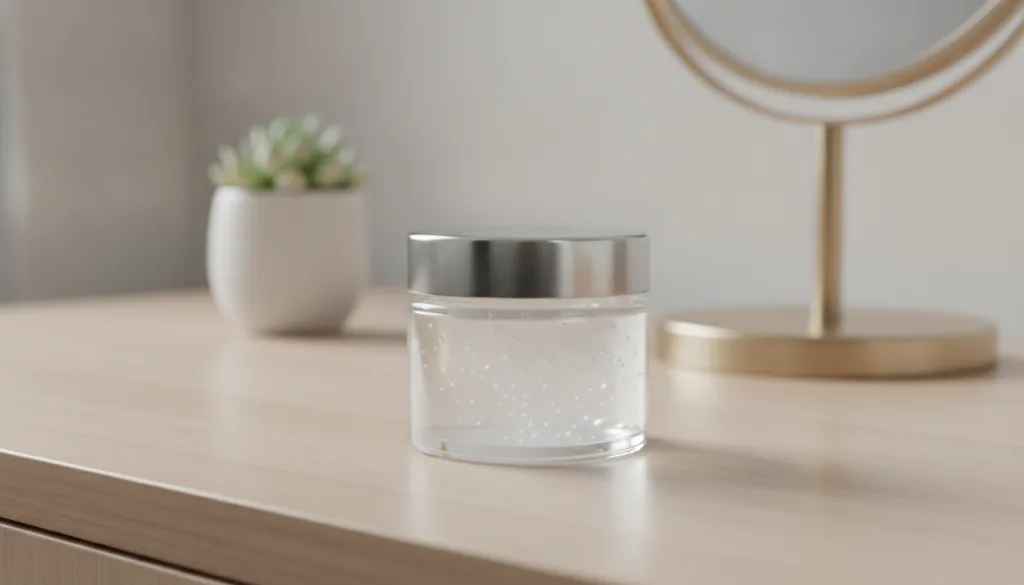 A small clean airtight glass jar filled with the freshly made translucent DIY collagen night gel placed on a vanity with
