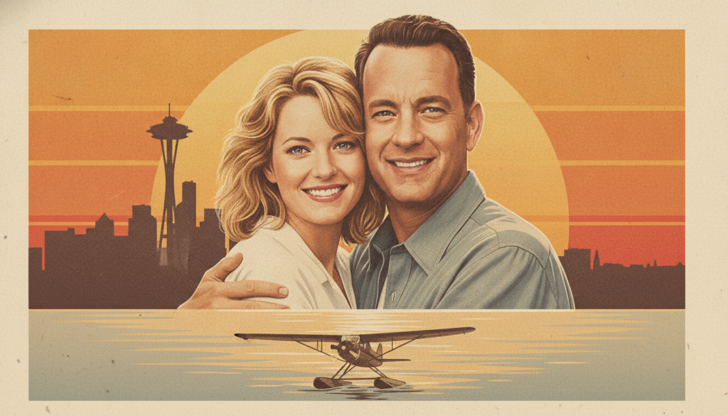 Meg Ryan and Tom Hanks in a classic movie poster for Sleepless in Seattle