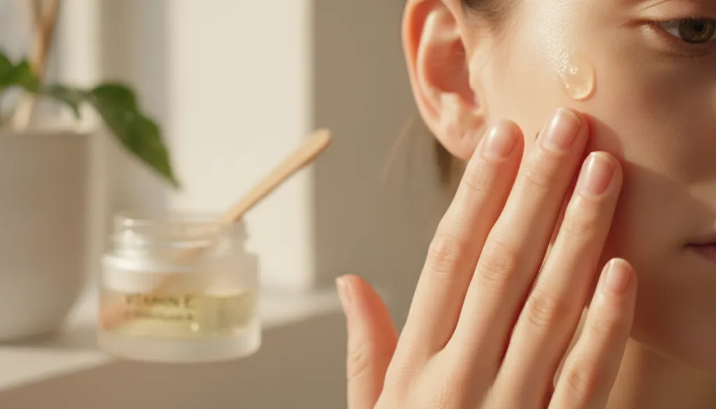 A person gently applying a small amount of the homemade Vitamin E and Vaseline blend to their face with a focus on their