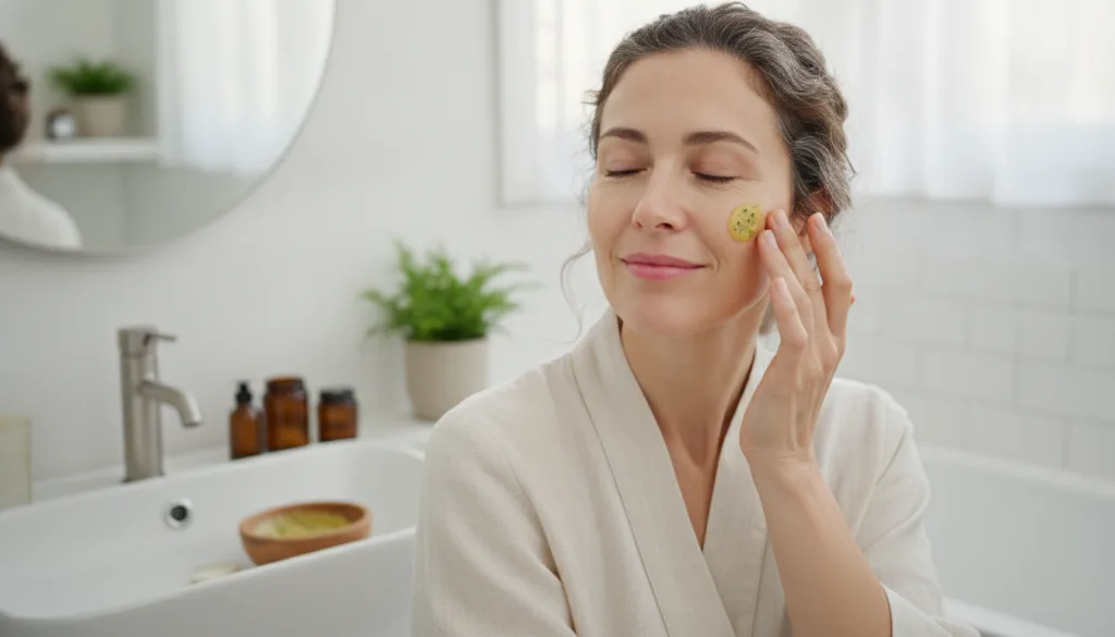A woman in her late 40s or early 50s gently dabbing a small amount of the Vaseline mix onto her cheek or around her eye 