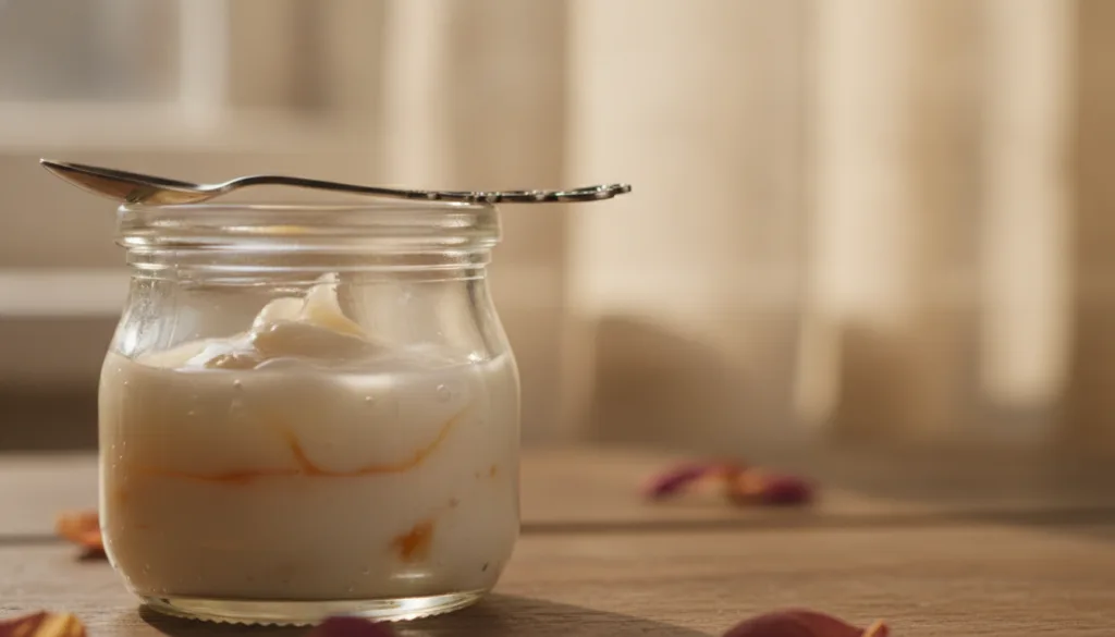 A close-up of a small glass jar containing the freshly mixed Vaseline and oil blend still slightly warm and liquid with 