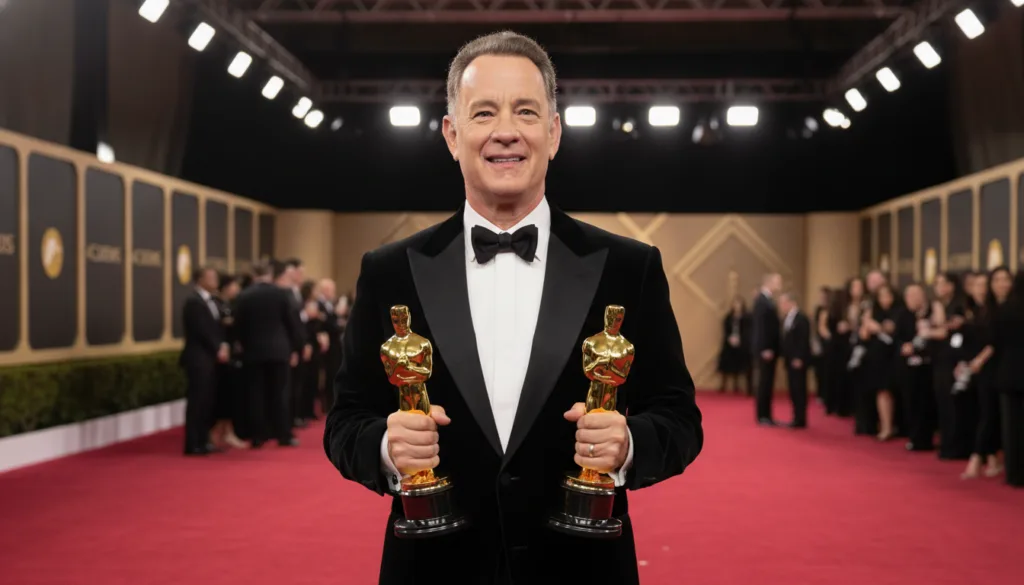 Tom Hanks holding two Academy Awards one from 1993 and one from 1994 with a proud and humble expression