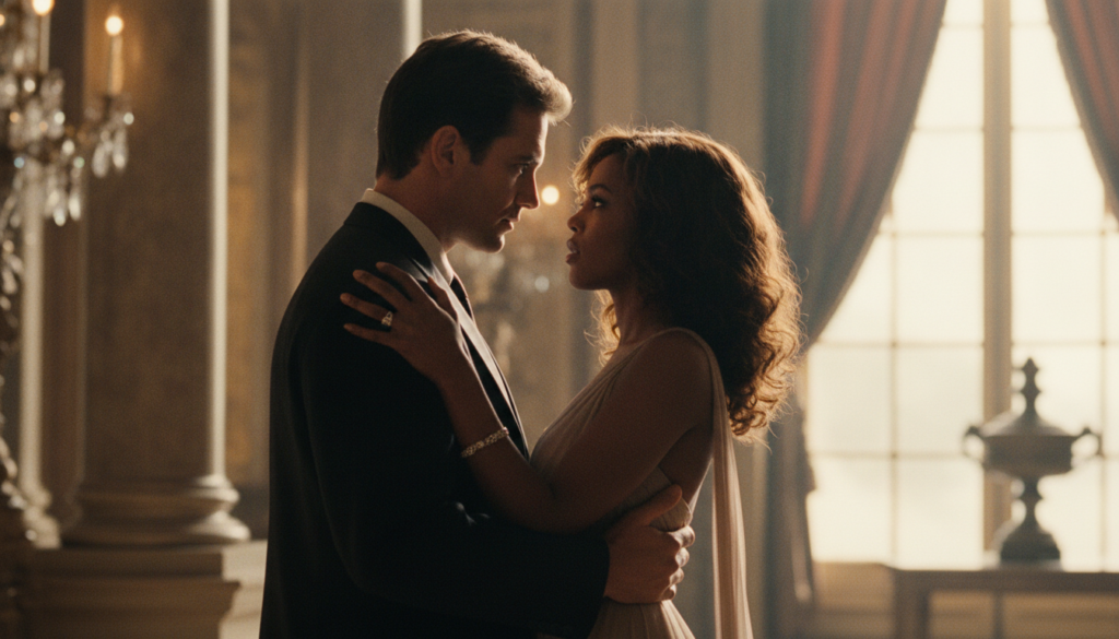 Kevin Costner and Whitney Houston in a promotional still from The Bodyguard looking at each other with intense expressio