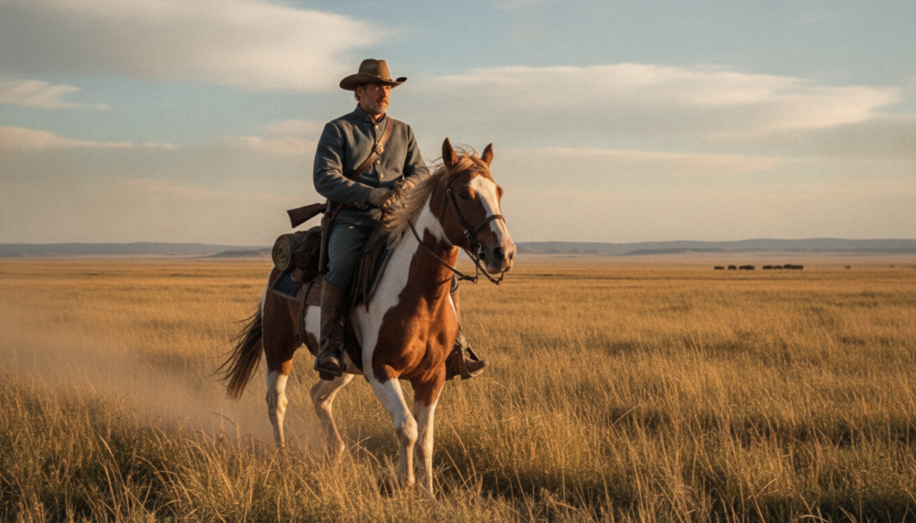 Kevin Costner in a scene from Dances with Wolves wearing a cavalry uniform with a serious expression riding a horse acro