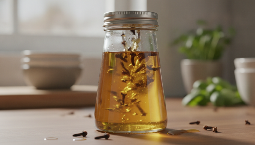 A close-up of a glass jar with whole cloves submerged in almond oil being gently shaken The setting is a kitchen counter