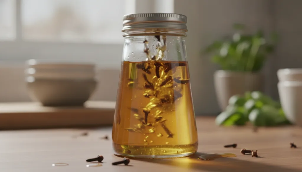 A close-up of a glass jar with whole cloves submerged in almond oil being gently shaken The setting is a kitchen counter