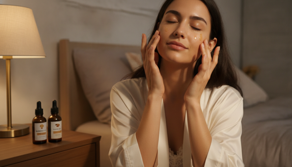 A woman gently massaging a few drops of the infused almond and clove oil onto her face at night with a soft warm glow Sh