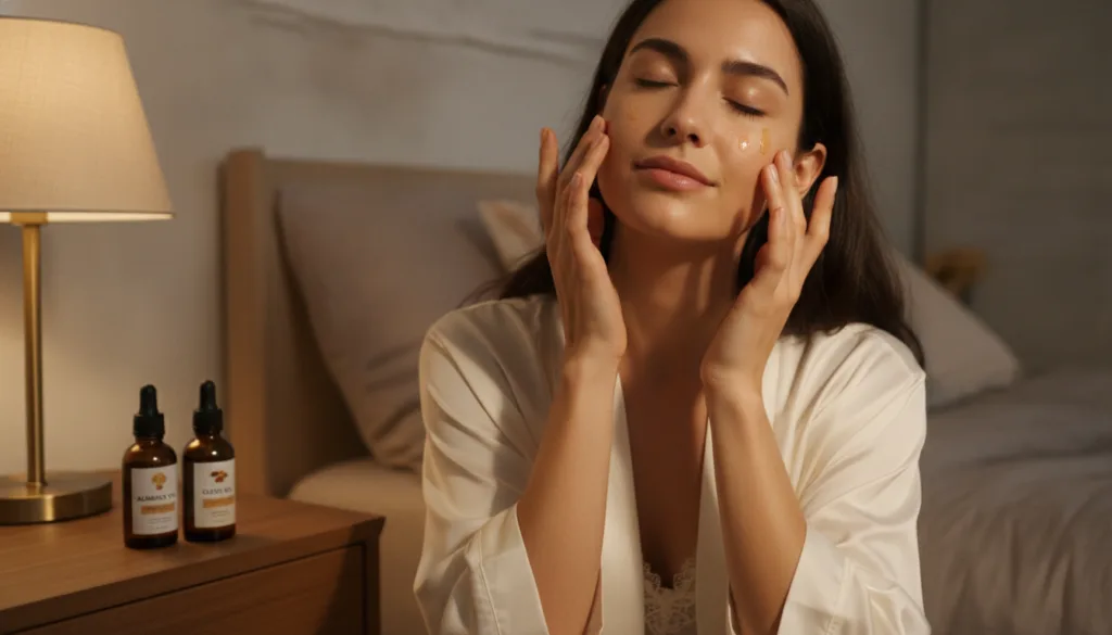 A woman gently massaging a few drops of the infused almond and clove oil onto her face at night with a soft warm glow Sh