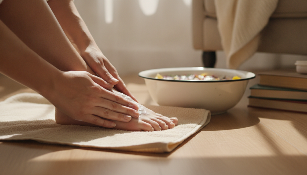 A person s hands gently massaging their foot which has a slight swelling after a foot soak The scene conveys relief and