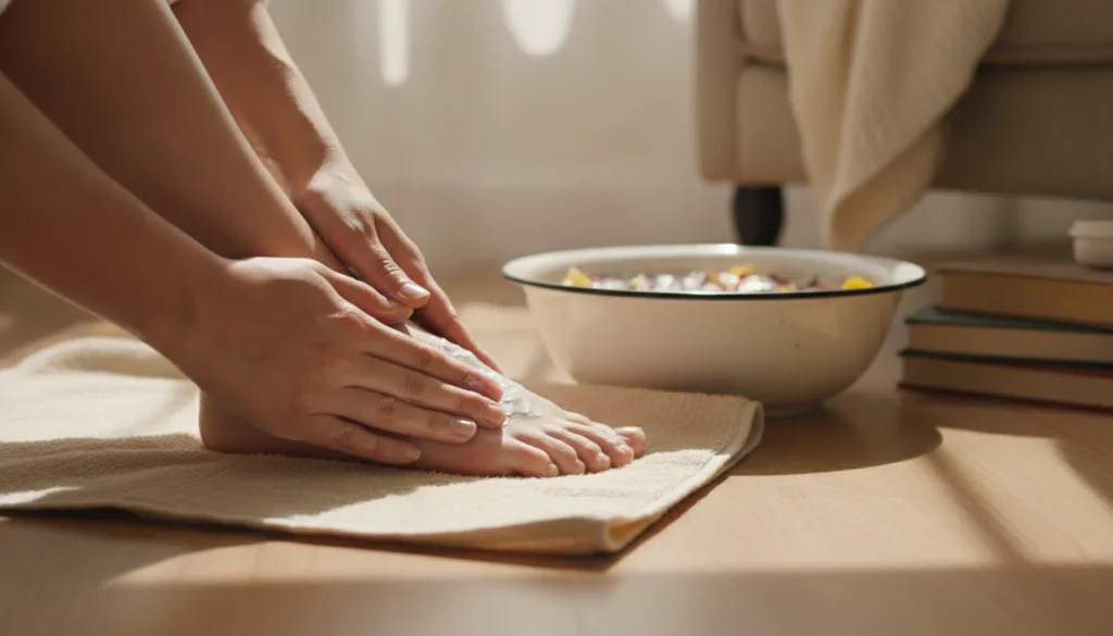 A person s hands gently massaging their foot which has a slight swelling after a foot soak The scene conveys relief and 