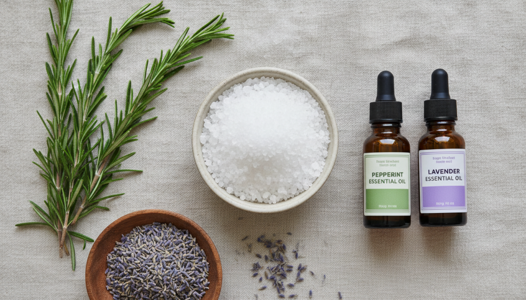 A selection of natural ingredients laid out on a wooden table Epsom salts in a bowl fresh rosemary sprigs dried lavender