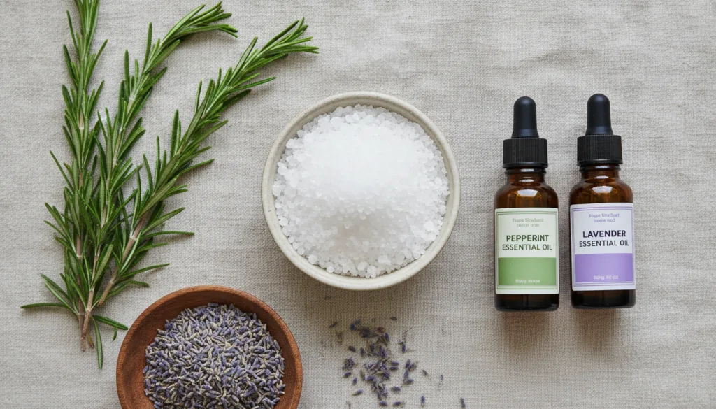 A selection of natural ingredients laid out on a wooden table Epsom salts in a bowl fresh rosemary sprigs dried lavender