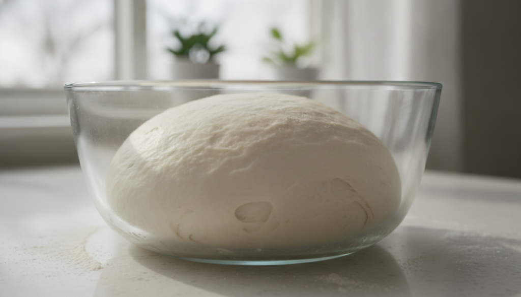 A perfectly risen smooth ball of basic white bread dough in a large clear glass bowl showcasing its airy texture with a 
